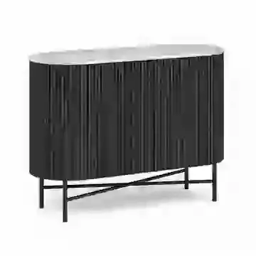 Black Mango Wood Small Sideboard with Ribbed Detailing and Marble Top